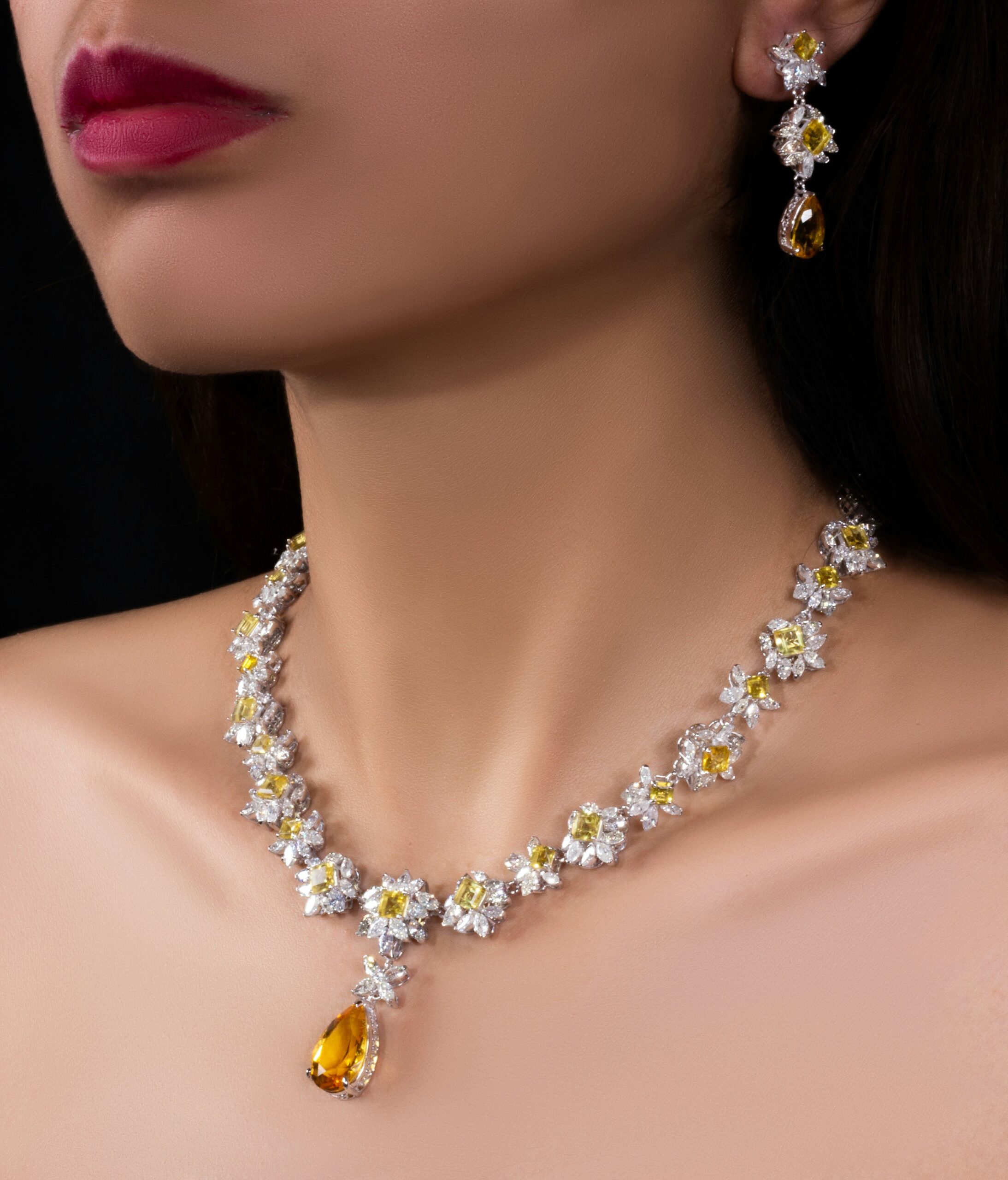 Custom yellow sapphire and diamond necklace and earrings by Jay Gems Bangkok